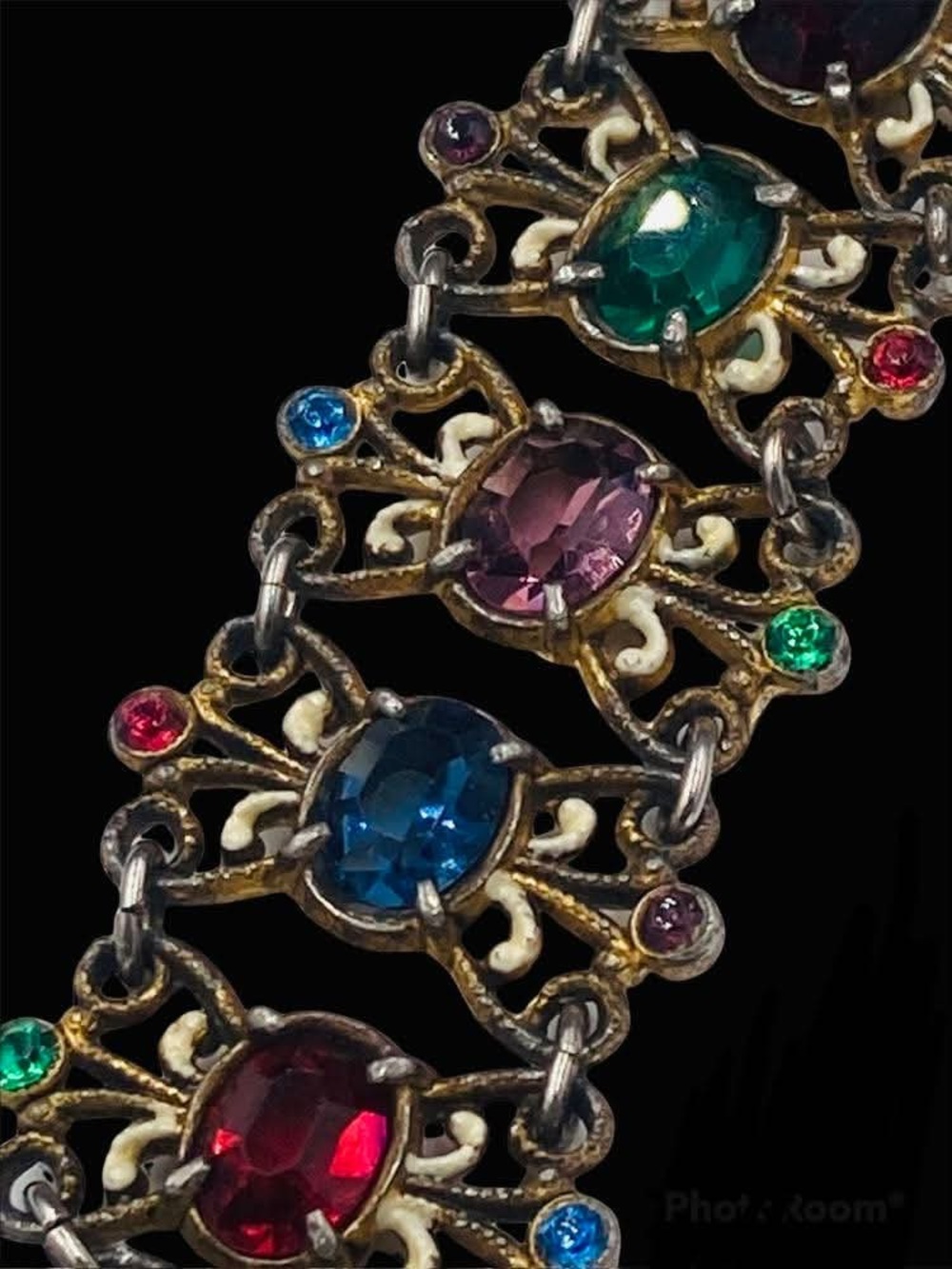 Antique 1930’s Czech Multi Color Oval Rhinestone Enamel Bracelet - Picture 6 of 9
